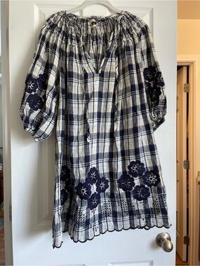 Innika Choo Navy & White Plaid Embroidered Peasant Dress